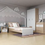 غرفة نوم Bedroom -18 مكونة من 4 قطع - سرير خشب + دولاب + كمود + وحدة الادراج