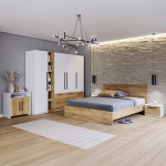 غرفة نوم Bedroom -24 مكونة من 5 قطع - سرير خشب + دولاب + 2 كمود + تسريحة